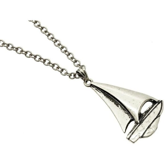 Sailboat Pendant Necklace Silver Tone 28" Chain Nautical Sailing Boat Burnished - Picture 1 of 3